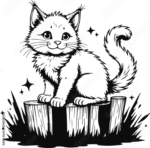 Cute Cat on a Stump: A charming cartoon cat sits contentedly on a rustic wooden stump with stars twinkling. capturing a moment of adorable feline bliss.