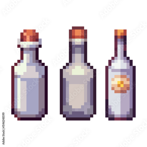 Pixel Art Potion Bottles Collection, Fantasy Game Assets, Set of three distinct pixel art glass bottles in a classic retro video game style. 