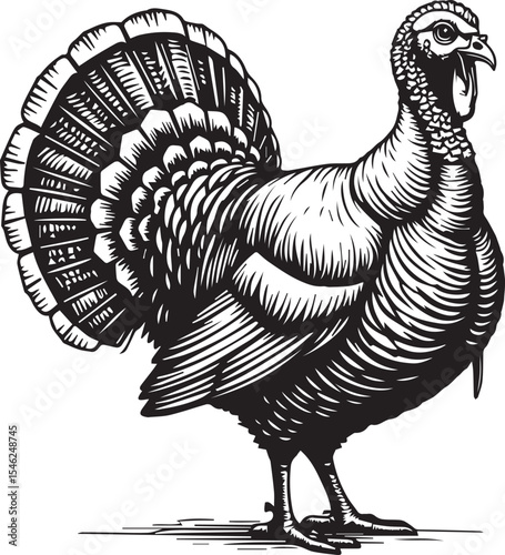 Thanksgiving Turkey Illustration: A detailed, hand-drawn illustration of a proud turkey, showcasing the intricate feather patterns and commanding presence of the iconic bird.