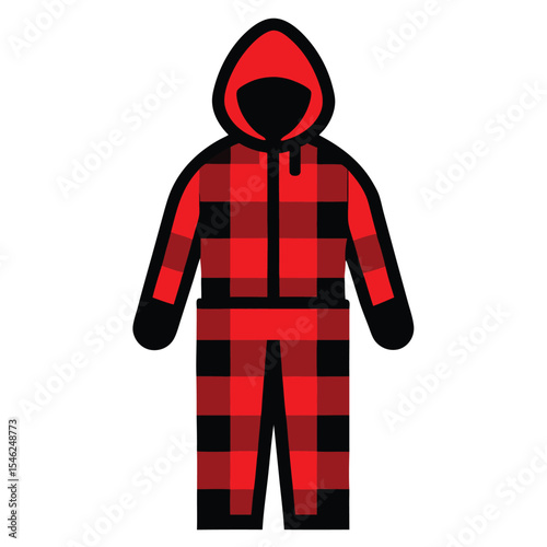 Red and Black Plaid Loungewear Jumpsuit with Hood, Winter Apparel Illustration