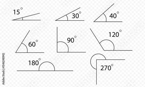 Angle collection. Mathematic 30, 45, 60, 90, 120, 135 corners degree set. Vector isolated on white .   EPS 10 . 