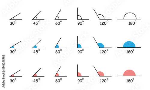 Angle collection. Mathematic 30, 45, 60, 90, 120, 135 corners degree set. Vector isolated on white .   EPS 10 . 