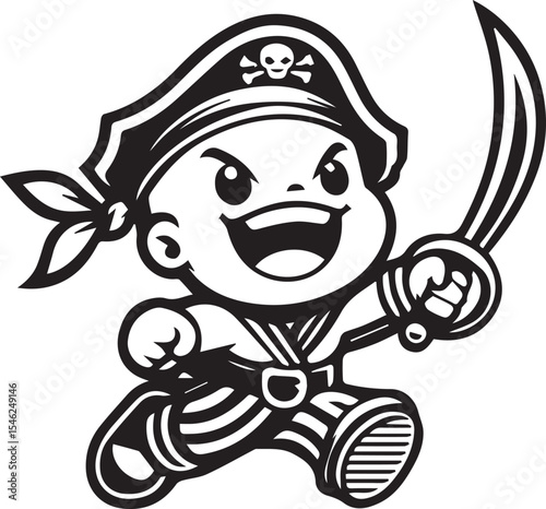 This energetic "Baby Pirate" drawing features an adorable yet determined baby pirate, brandishing a cutlass and running with excitement. Its wide, open-mouthed smile and fierce eyes, coupled with clas