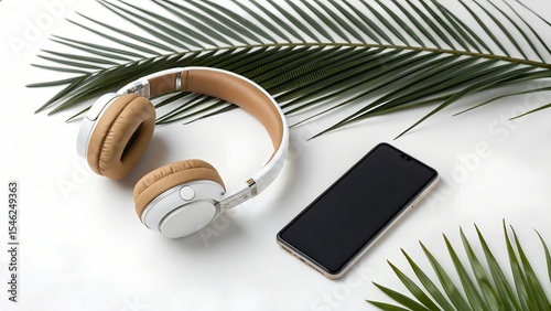 Tan and White Headphones Beside Smartphone and Palm Leaves on White Surface. photo