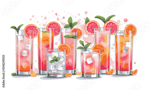 Modern vector illustration of eight grapefruit-based summer cocktails in transparent glasses filled with ice cubes and fruit slices, easily editable and scalable.