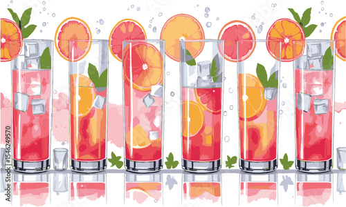 Modern vector illustration of eight grapefruit-based summer cocktails in transparent glasses filled with ice cubes and fruit slices, easily editable and scalable.