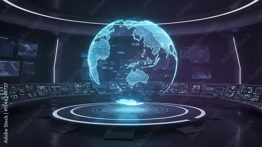 Futuristic Holographic Earth Interface in High-Tech Virtual Control Room
