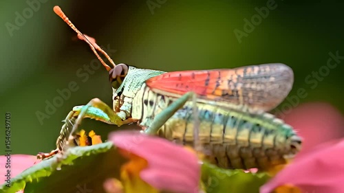 Macro view of colorful grasshopper resting on vibrant pink flower in natural habitat