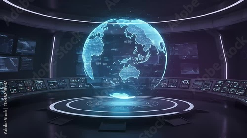 Futuristic Holographic Earth Interface in High-Tech Virtual Control Room