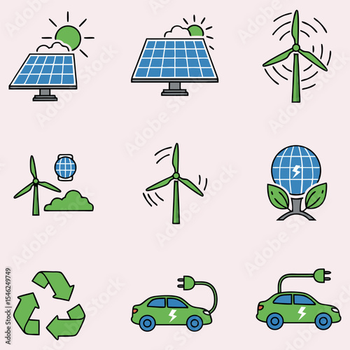 Vector ecology icon set: green environment symbols for nature, energy, and recycling.
