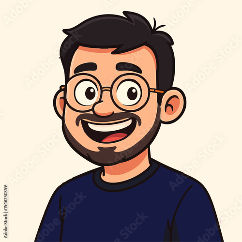 Smiling Young Man Avatar with Beard and Glasses – Flat Vector Illustration on Light Background