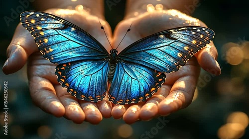 Majestic Blue Morpho Butterfly Resting Gracefully on Gentle Hands Close-Up Serene Moment