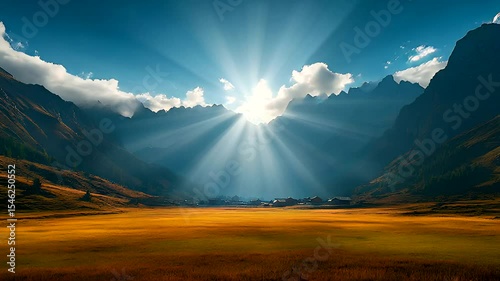 Majestic mountains and golden valley basking in the ethereal glow of sunlight