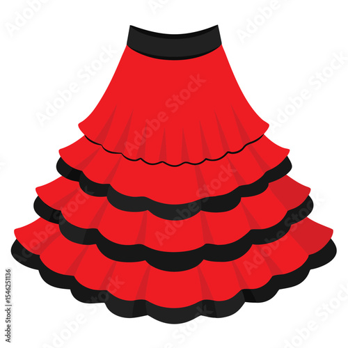 Ruffled Red Flamenco Skirt with Black Trim, Traditional Spanish Dance Apparel Isolated