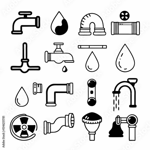 "Water Infrastructure Icons Set – Thin Line Style for Engineering, Utilities, and Environmental Projects"