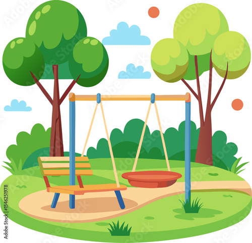 Empty playground scene. Kids amusement area landscape. Outdoor play ground in summer park with swings, seesaws, bench, trees and grass. Flat vector illustration isolated on white background