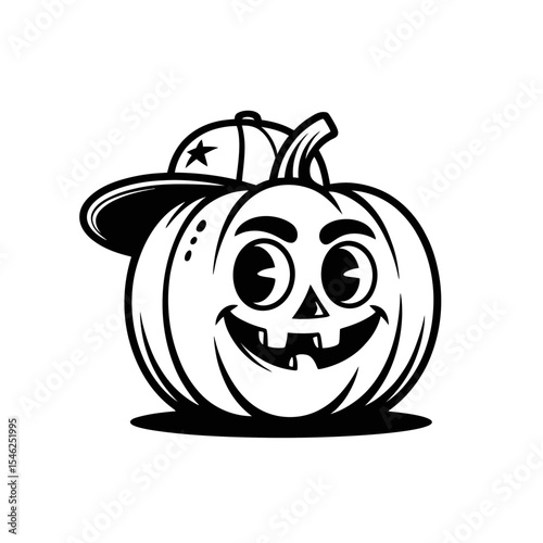 A cheerful pumpkin with cartoonish features wears a backward cap adorned with a star.