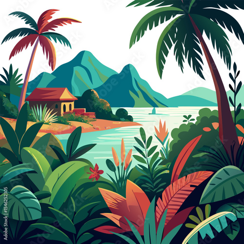 Tropical exotic romantic landscape with traditional jungle and plants in the front and island and sea in the background. Handmade drawing vector illustration.