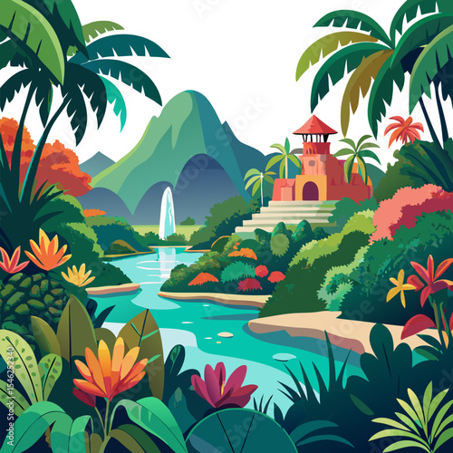Tropical exotic romantic landscape with traditional jungle and plants in the front and island and sea in the background. Handmade drawing vector illustration.