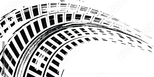 Tire trace track. Abstract wheels braking distances, tread silhouettes brushes. Isolated car or motorcycles vector trails