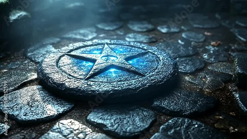 Mysterious Stone Star Medallions with Glowing Blue Light on Rock Surface Background