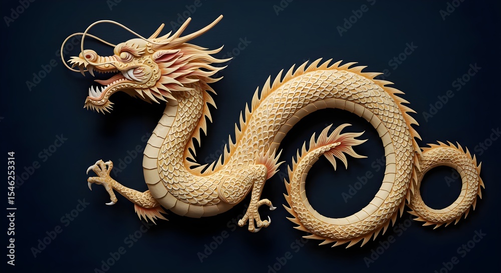 Obraz premium Chinese dragon, Dragon, Sculpture, Golden Chinese Dragon Sculpture on Dark Background