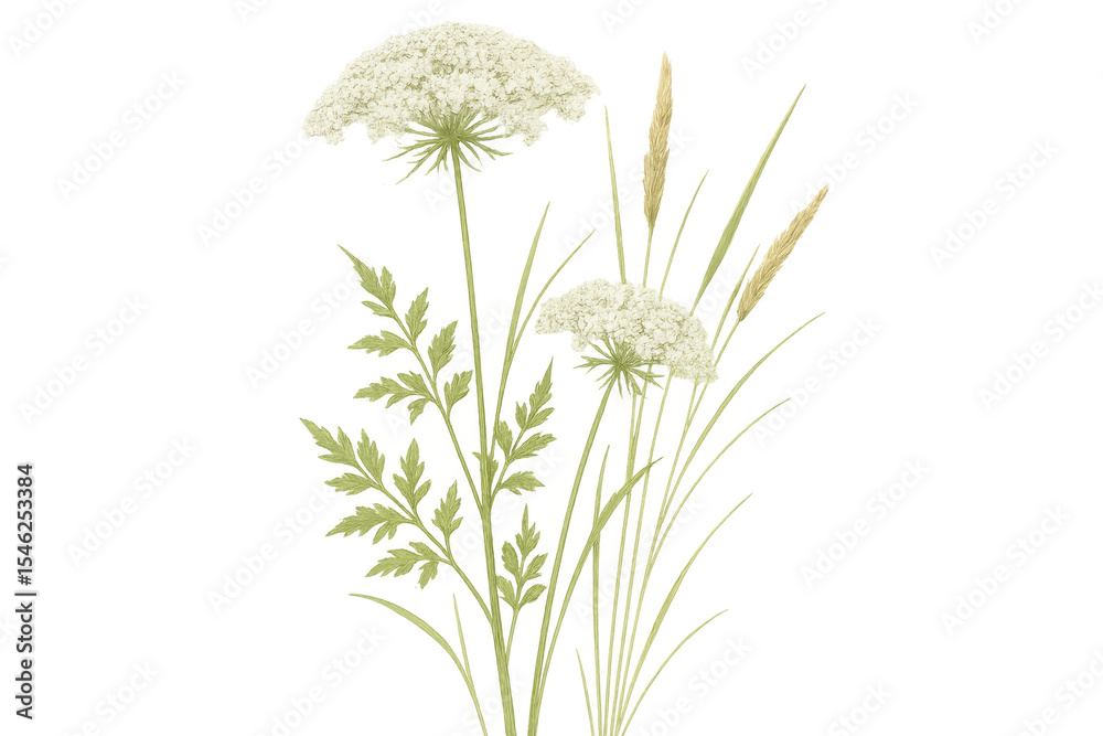 Queen anne's lace and grass illustration on a transparent background, perfect for nature-themed designs Queen anne's lace and grass illustration on a transparent background, perfect for nature-themed designs