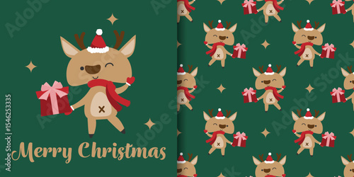 Christmas holidays banner and seamless pattern of cute reindeer wearing red scarf and Santa hat holding gift box, stars and Merry Christmas text on green background.