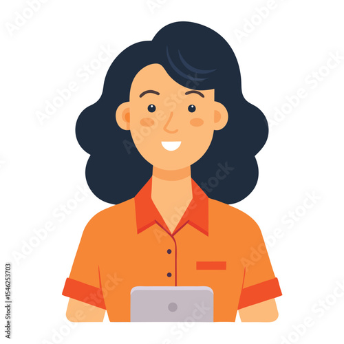 Smiling Woman with Laptop Wearing Orange Shirt Cartoon Illustration