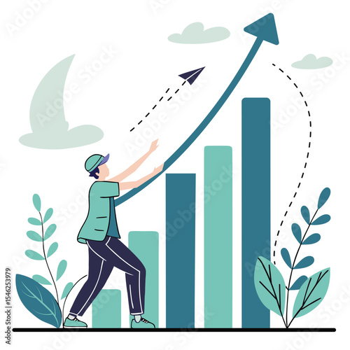 Young Entrepreneur Pushing Upward Business Growth Graph Curve vector