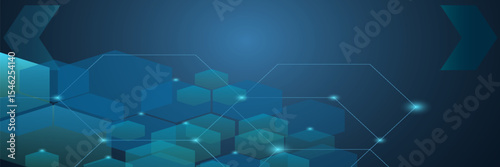 Dark gray and blue horizontal hexagonal technology abstract vector background. Red bright energy flashes under the hexagon in a wide banner of futuristic modern technology. vector Eps 10