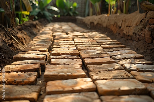 Handmade Clay Tiles Laid On Pathway high resolution picture