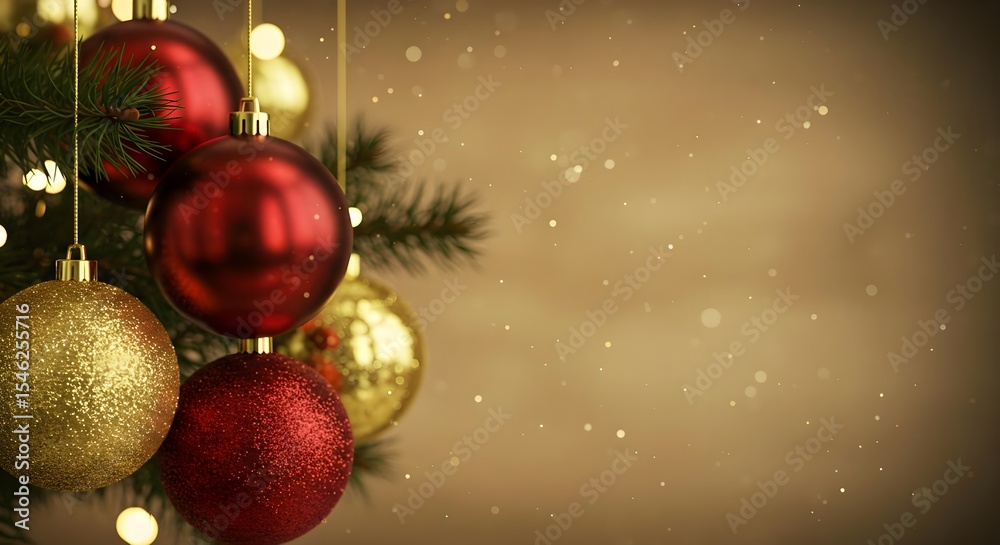 Fototapeta premium Christmas, Ornaments, Baubles, Red and Gold Christmas Ornaments on a Branch