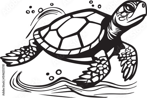 This elegant "Swimming Sea Turtle" drawing beautifully captures a sea turtle gracefully gliding through water. The intricate details of its shell patterns and flippers are highlighted, with subtle wav