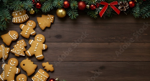 Christmas, Gingerbread, Cookies, Christmas Gingerbread Cookies and Fir Branches on Wooden Background