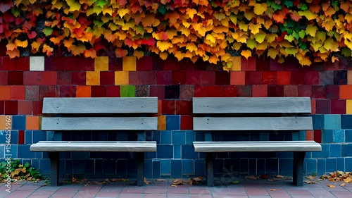 Scenic autumn park benches with colorful leaves and vibrant tile background