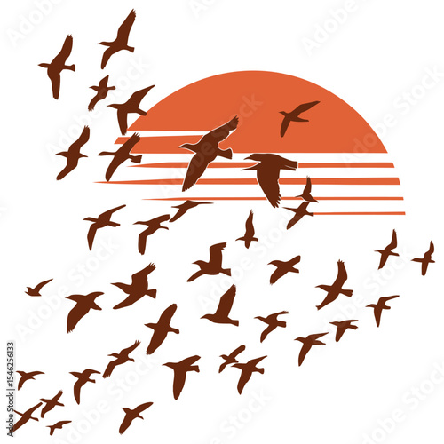A group of birds in flight against a backdrop of a large, orange-red circular element, possibly representing the sun