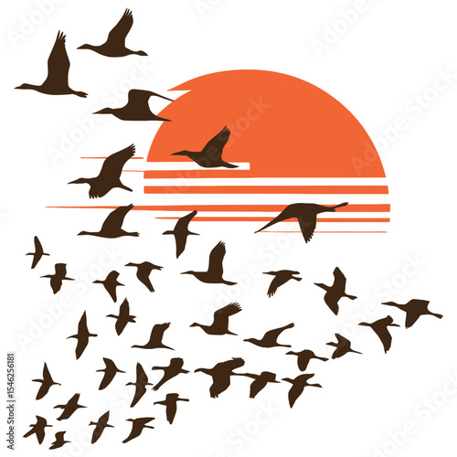 A group of birds in flight against a backdrop of a large, orange-red circular element, possibly representing the sun