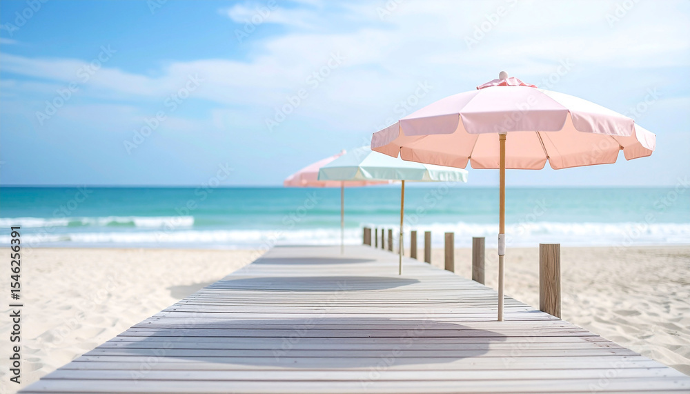 Fototapeta premium Serene beach scene with three pastel parasols on a wooden boardwalk leading to a turquoise ocean under a bright, partly cloudy sky