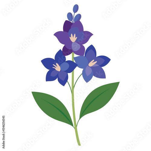 Stylized Illustration of a Purple Larkspur Flower with Green Leaves and Stem on White