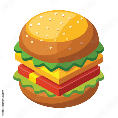Stylized Isometric Hamburger Illustration with Lettuce, Tomato, Cheese, and Sesame Seed Bun