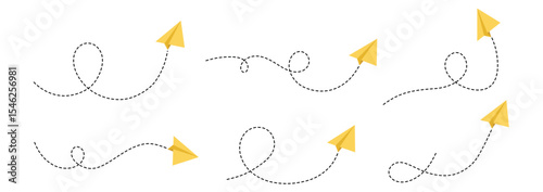 “Minimalist Yellow Paper Plane with Dotted Line Trail – Clean Vector Illustration for Travel, Business Communication, Branding, and Creative Visual Projects”