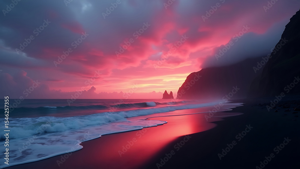 Obraz premium Dramatic Sunset Over Rocky Coastline With Vibrant Pink Clouds
