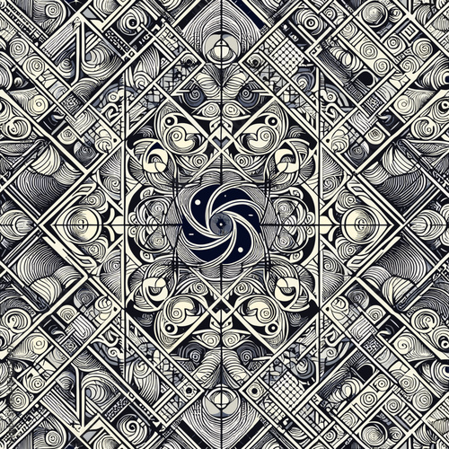 Intricate black and white abstract pattern featuring geometric shapes and swirls