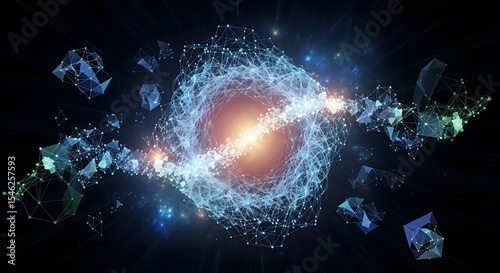 Quantum computing theme: qubits and entangled particles, abstract art