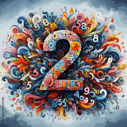 Vibrant abstract composition featuring the number two surrounded by colorful swirling numbers