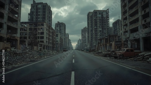 the destroyed building and street in the city after apocalypse.