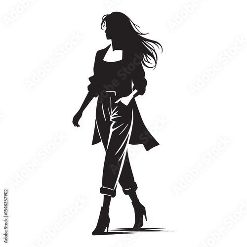Powerful walking lady Stride of a Woman Moving with Force and Strong Resolve - Walking Woman silhouette - Walking woman Vector - Silhouette of walking woman
