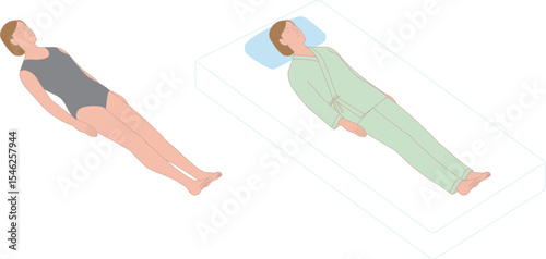 仰向けで横たわる女性。患者衣と下着姿の斜め上から見たベクターイラスト。