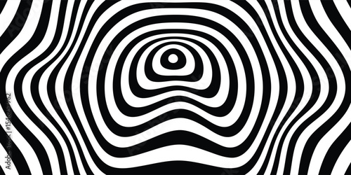 Abstract hypnotic pattern with black-white striped lines. Psychedelic background. Op art, optical illusion. Modern design, graphic texture.